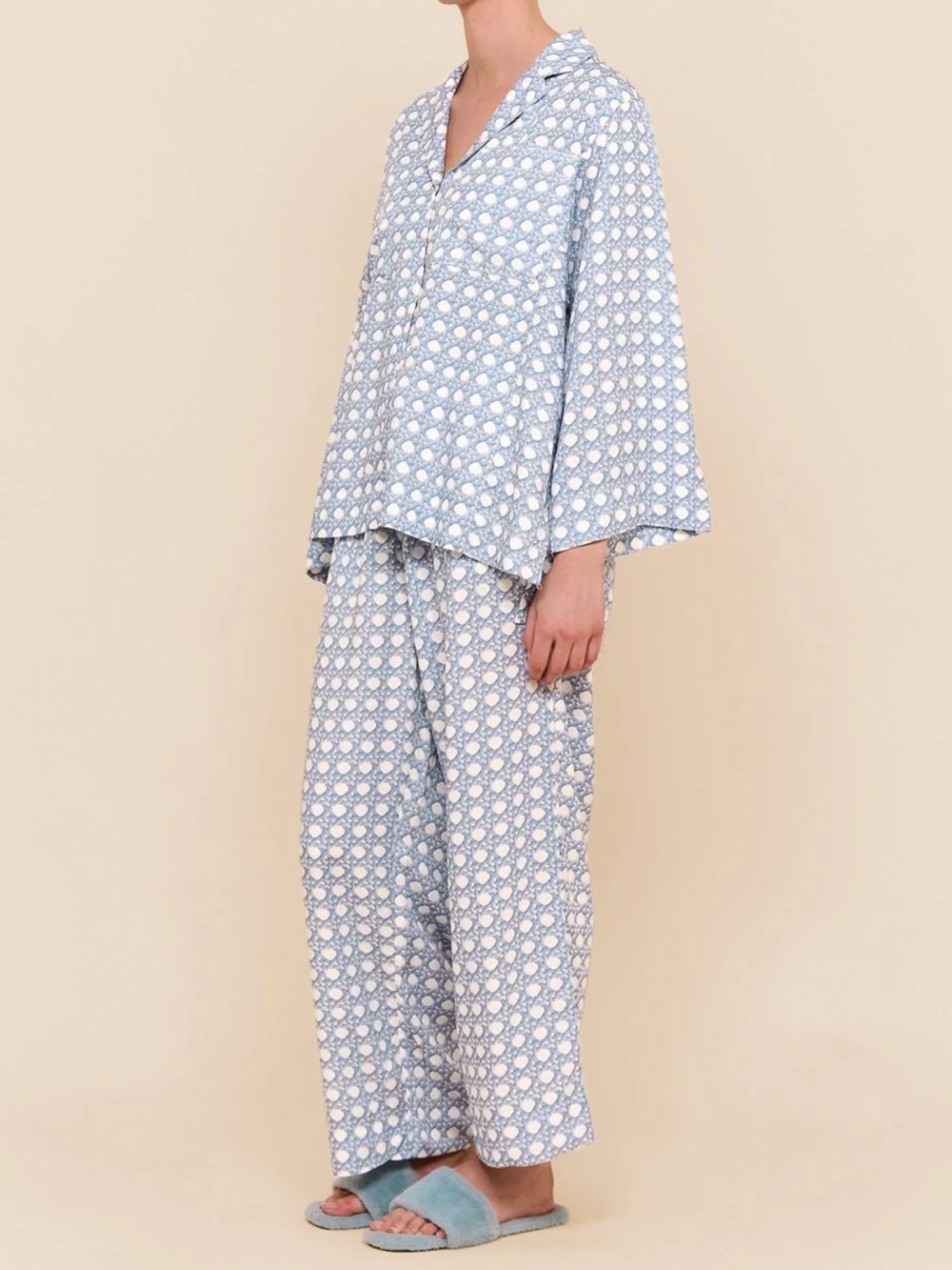 New Piyama Peta Sleep Set Long ECOVERO Rattan in Cornflower Blue white size XS